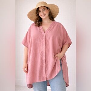 Ellos Women's Plus 1X Pink Oversized Linen-Blend boxy shirt lagenlook tropical